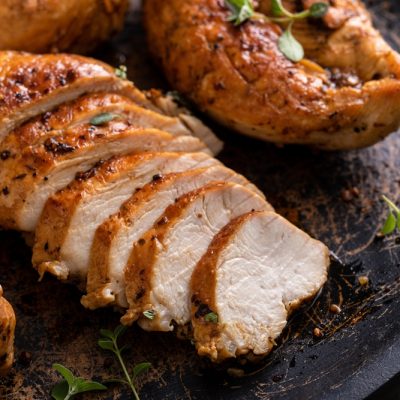 Roasted,Or,Seared,Chicken,Breast,Sliced,On,A,Plate,With